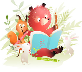Forest kindergarten class, animals like bear squirrel and bunny enjoy reading book and drawing with pencils. Education art and study for kids in nature. Vector clipart illustration for children. - 774043221