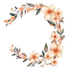 Peach thin barely noticeable flower frame with leaves isolated on white background pattern