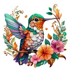 Watercolor illustration portrait of a cute adorable hummingbird animal with flowers on isolated white background.	
