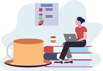 Girl is using laptop and drinking coffee.