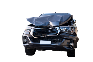 Car Crash, Front view of black pickup truck car get damaged by accident on the road. damaged cars after collision. isolated on transparent background, Car and casualty insurance, PNG File