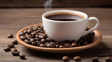 White cup of hot black coffee and coffee beans on plate on wooden table.