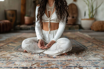Serene Woman Practicing Meditation in Bohemian Styled Room