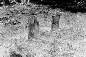 old tombstones in cemetery with a blank epithet and room for text in black and white film negative