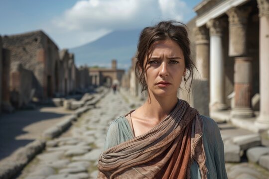 Fototapeta portrait photograph of a very beautiful woman on Roman streets with erupting volcano. generative ai