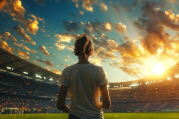 Back view of a person standing in a stadium, gazing at the illuminated field under a sunset sky. - obrazy, fototapety, plakaty