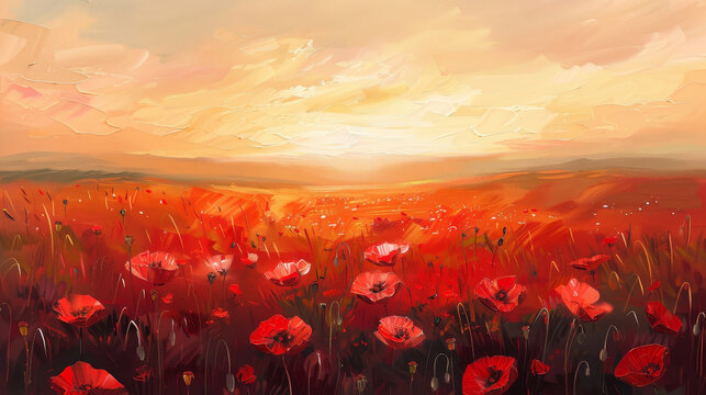 This is an oil painting of a poppy field. Sunset over a red field. It is modern art.