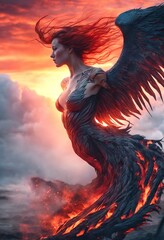 The mythical Phoenix bird morphing into a woman; resilient, feminist, emerging stronger from the ashes. She will overcome adversity, renew, and transform. The instinct of a Mother, exemplified. - obrazy, fototapety, plakaty