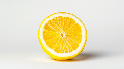 Half of a lemon with vivid yellow color on white.