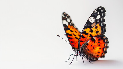  Close-up of an orange and black butterfly with spread wings.