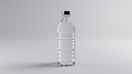A transparent plastic water bottle on a grey background.