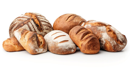 Assorted freshly baked bread loaves on a white background.