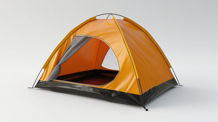 An open orange camping tent isolated on a white background.
