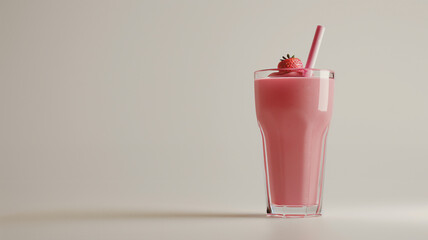 A tall glass of strawberry smoothie with a straw, topped with a berry