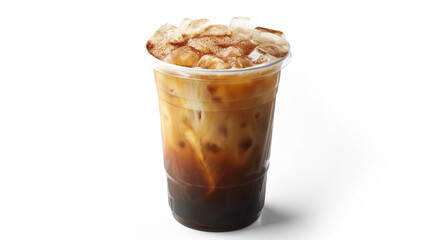  Iced coffee in a clear cup with cream swirling on top.