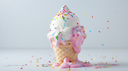  Vanilla ice cream cone melting with colorful sprinkles.