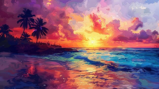 A tropical sunset - an artwork reminiscent of a painting