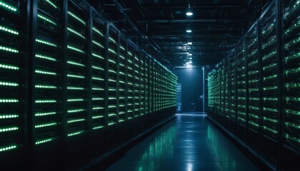 The cool green lights of server racks create an atmospheric corridor in a data center. The scene suggests a fusion of technology and design in a secure setting. AI generation