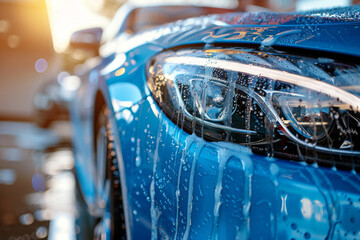 Shiny Blue Sports Car Close-up with Water Drops After Rain