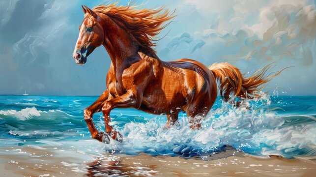 A chestnut horse gallops along the shore, posing for a painting