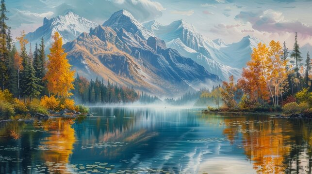 Imagine an oil painting of autumn on a canvas: a mountain lake with mountains in the background