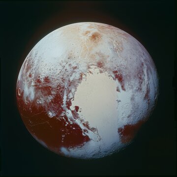 Stock photo of Pluto, emphasizing its varied surface textures, including the iconic heart-shaped glacier Tombaugh Regio, against the backdrop of space