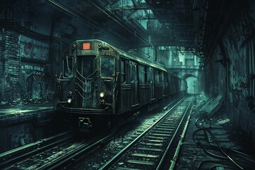 A sinister illustration of a dark train pulling into an abandoned station, with rusty tracks and broken platforms surrounded by shadows and decay , hyper realistic