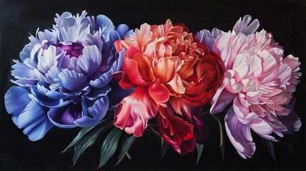 An oil painting on canvas of peonies.