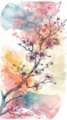 Blossoming Cherry Branch, Illustration, Ink and Watercolor, Background for Greeting Cards, Invitations, Spring Festival Posters, Wedding, Mothers day, Birthday, Banner, Copy Space