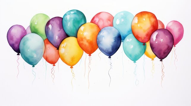 Watercolor illustration of colorful balloons on a white background.