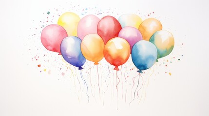 Watercolor illustration of colorful balloons on a white background.