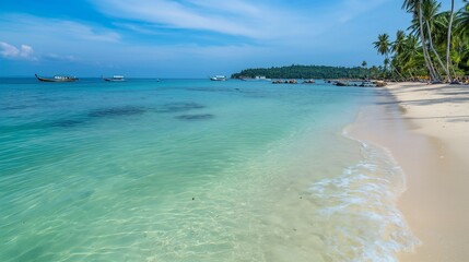 Beach Landscape: A serene tropical scene with turquoise waters, sandy shores, and a clear blue sky.Generative AI illustration