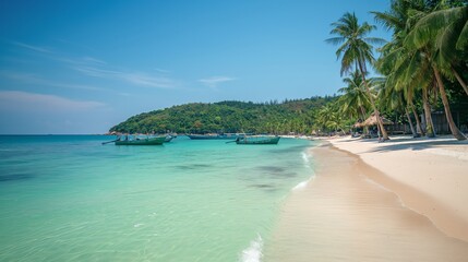 Naklejka premium Serene Tropical Beach with Clear Water and Lush Green Palm Trees under a Sunny Blue Sky