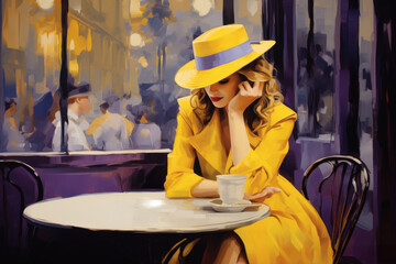 Woman in yellow clothes and hat in a purple Parisian cafe