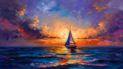 An oil painting on canvas depicts a sailboat against a sunset backdrop of the sea.