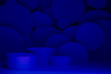 Abstract stage for presentation skin care products - three round podiums mockup in gradient dark blue ultramarine light, bubbles fly as decor. Template for displaying, showing in rich luxury style.