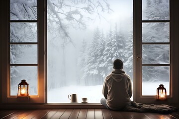 Mężczyzna cierpiący na depresję ogląda zimę przez okno - obrazy, fototapety, plakaty