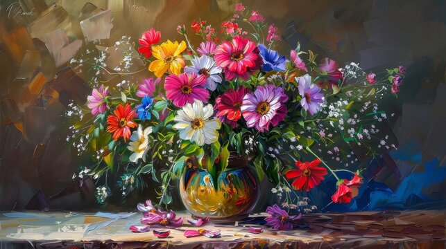 An oil painting of flowers on a table - still life