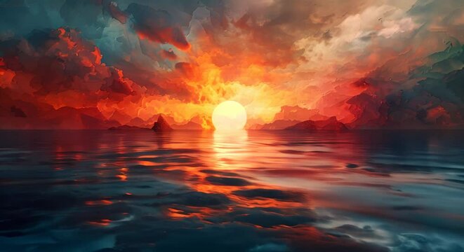 Beautiful Digital Art of a Tranquil Ocean Sunrise with a Sunset Reflection