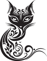 Mystical and elegant black and white cat illustration with intricate patterns and bold lines, perfect for tattoo inspiration and wall art