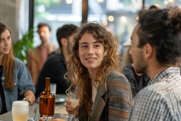 Young Woman Smiling in a Busy Cafe Environment - obrazy, fototapety, plakaty