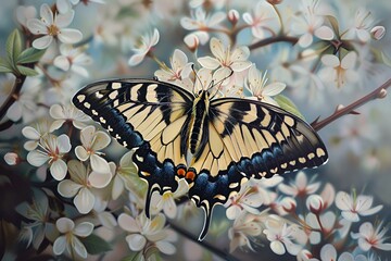 Motyl paź królowej na kwitnącym krzewie - obrazy, fototapety, plakaty
