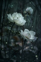 trzy białe kwiaty w porannej rosie