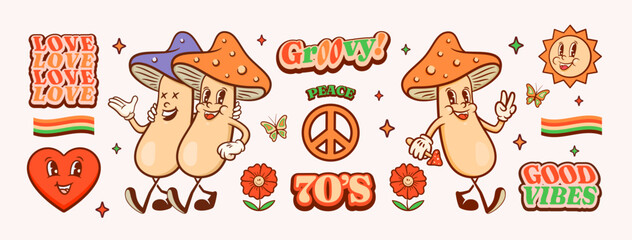 Fototapeta premium Groovy Mushrooms Retro Character Illustrations Set. Cartoon Friends Walking Smiling Vector Logo Mascot Templates Collection. Happy Vintage Cool Psychedelic Peace and Love Rubberhose Style Drawings