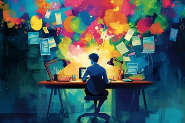 Pracownik biurowy zajmujący się pracą przy komputerze - obrazy, fototapety, plakaty