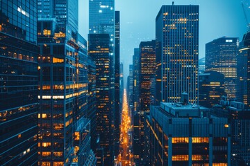 Evening Urban Cityscape with Illuminated Skyscrapers - obrazy, fototapety, plakaty