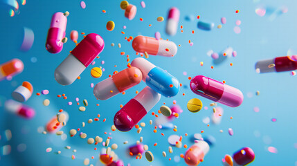 Red, blue, and white capsules pills scattered falling on a blue background depicting various medication