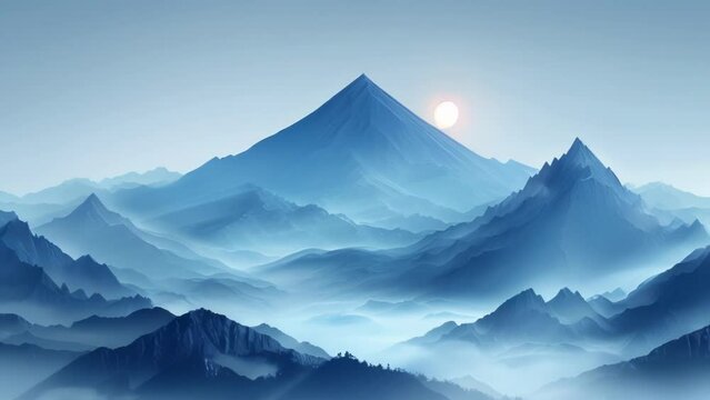 A mountain peak shrouded in mist evoking the mystery and complexity of Zenos paradox of the Dichotomy where the distance between any two points can be divided infinitely.
