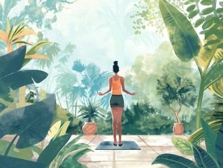 Illustration of a person attending a wellness retreat, participating in outdoor yoga sessions