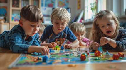 Fototapeta premium The children are playing a board game and are very happy. Copy space